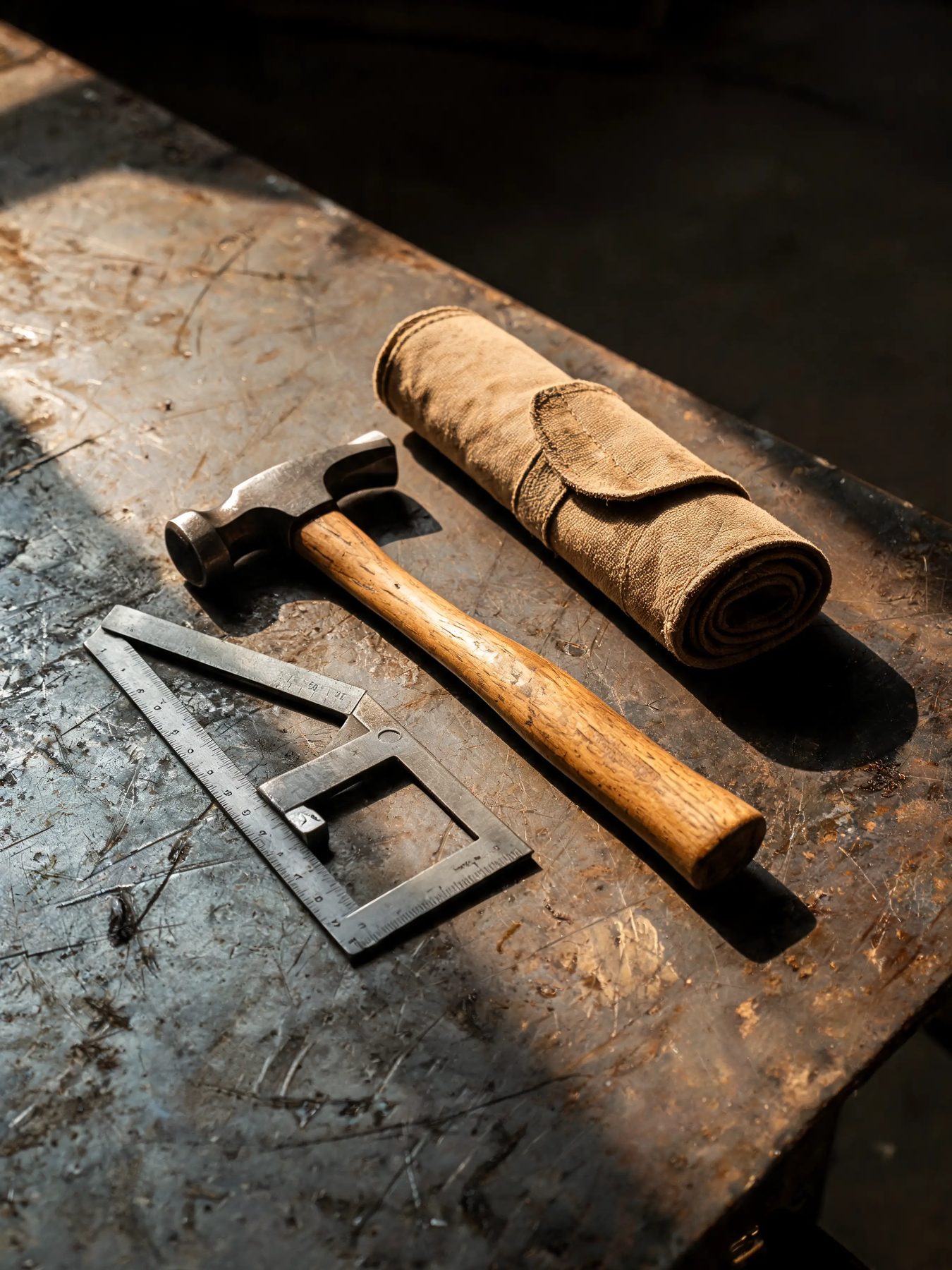 Hammer, combination square and canvas tool roll on a scarred steel bench