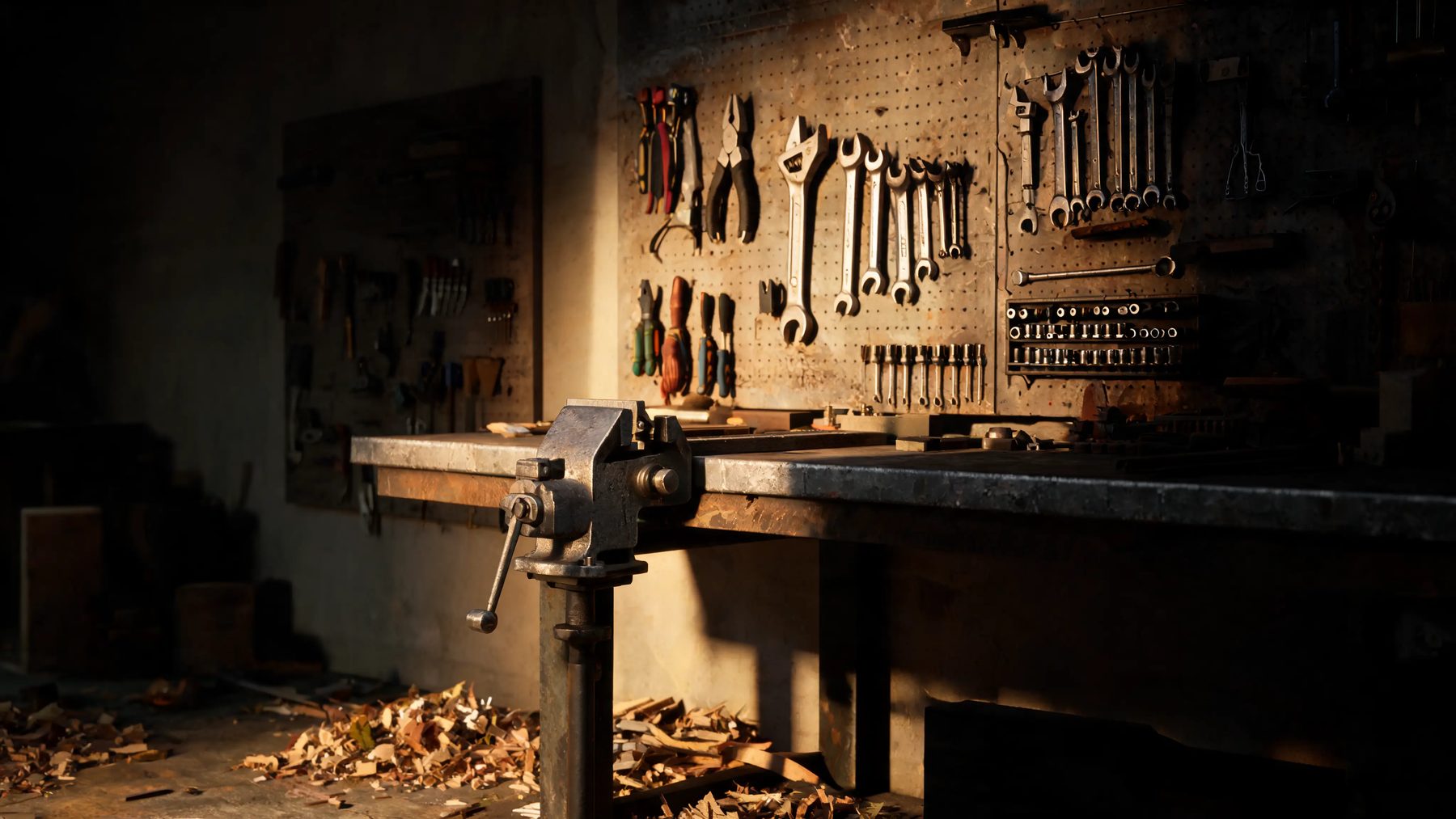 Shop corner with a pegboard wall, a bench vice and shavings on the floor